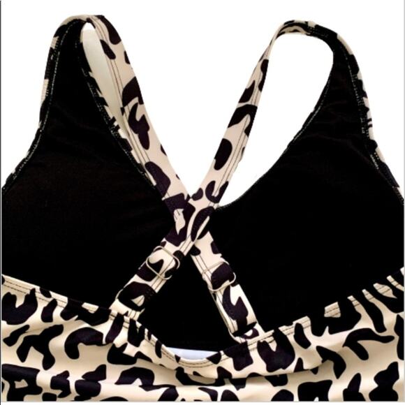 Esprlia Tankini Animal Print Black Cream Crisscross Straps Side Tie Swim Medium - Picture 10 of 11